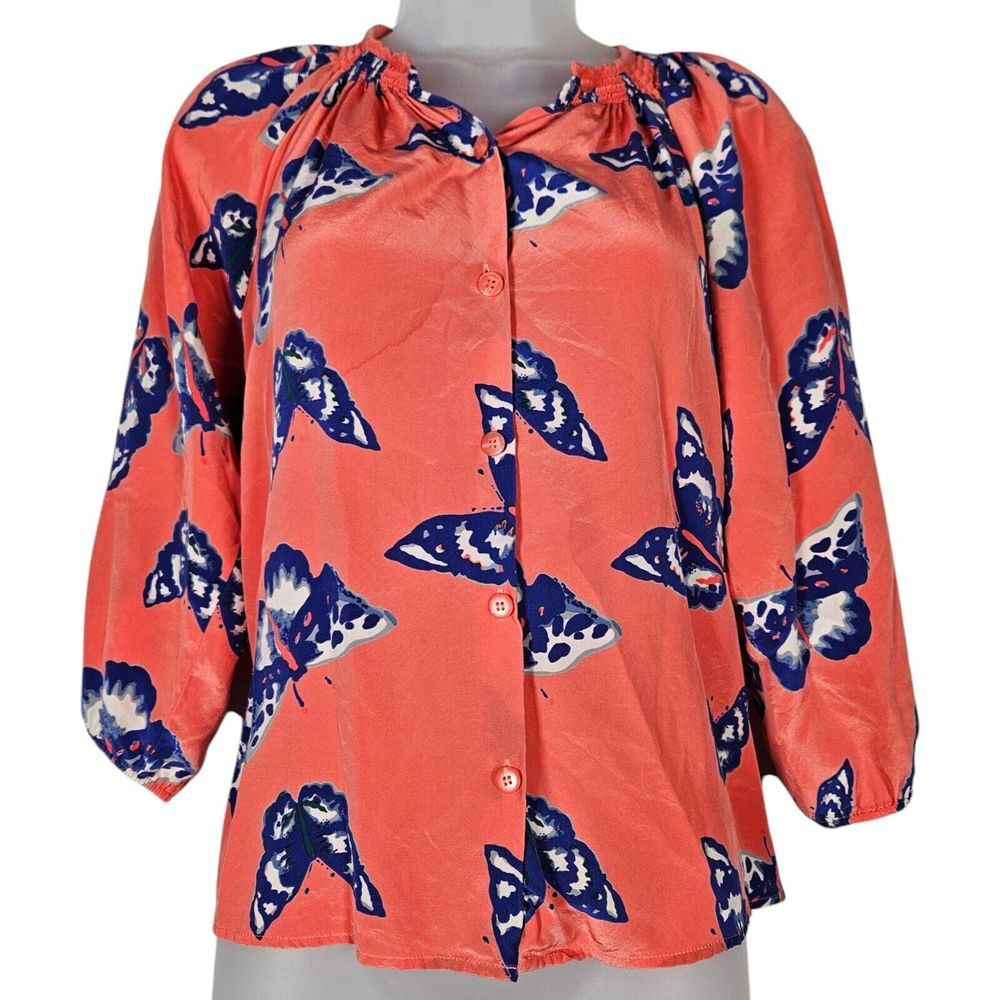 Tucker Top Women S Coral Butterfly 100% Silk 3/4 Sleeve Button Up Smocked Career